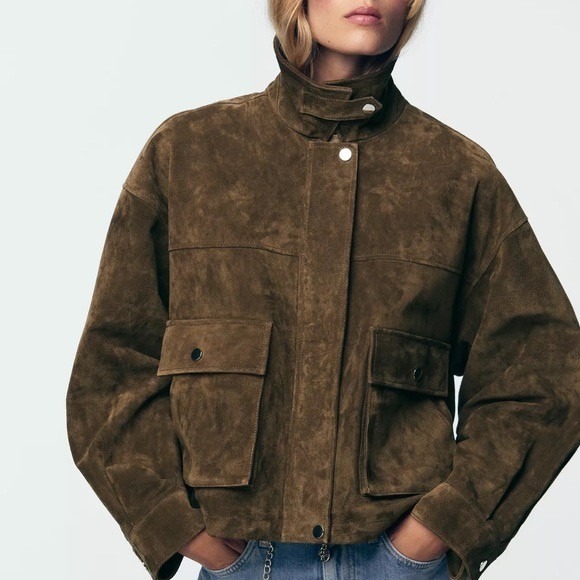 ZARA Suede Leather Bomber Jacket Pockets Outdoors Taupe Streetwear Brown Small - Picture 5 of 15